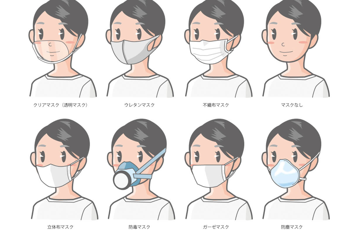 さまざまなマスクをつけている女性のイラスト